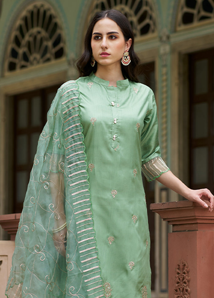3 Pc Pista Green Readymade Silk Dupatta Suit Set