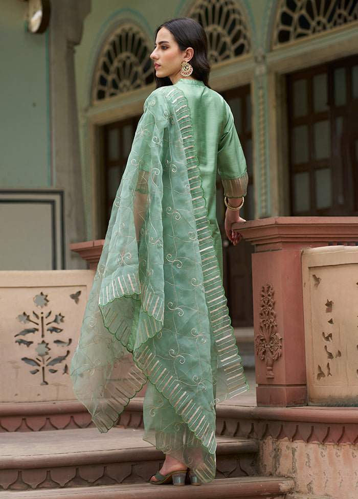 3 Pc Pista Green Readymade Silk Dupatta Suit Set
