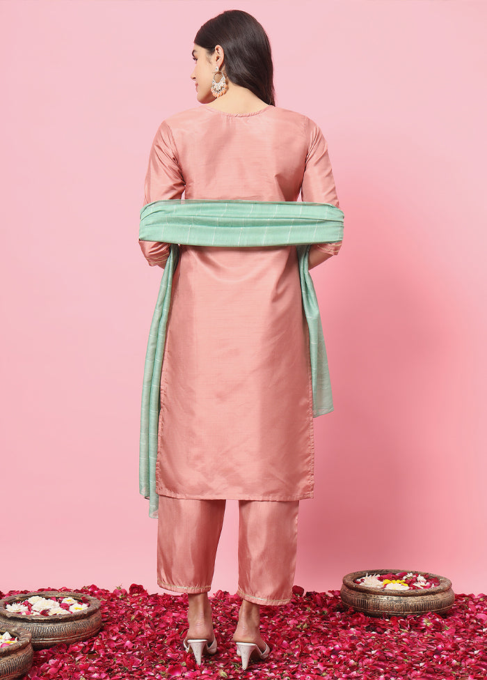 3 Pc Peach Readymade Silk Dupatta Suit Set