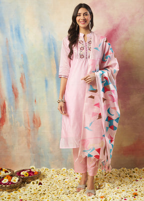 3 Pc Pink Readymade Chanderi Dupatta Suit Set