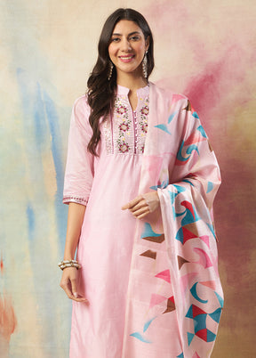 3 Pc Pink Readymade Chanderi Dupatta Suit Set