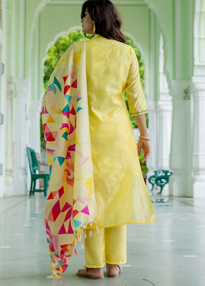 3 Pc Yellow Readymade Chanderi Dupatta Suit Set