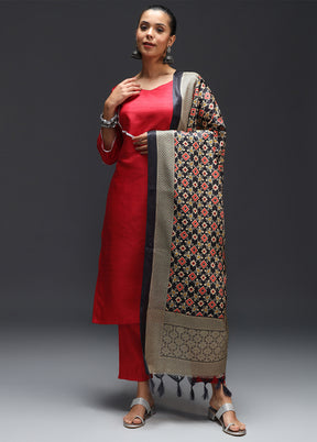 3 Pc Red Readymade Cotton Dupatta Suit Set
