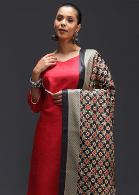 3 Pc Red Readymade Cotton Dupatta Suit Set