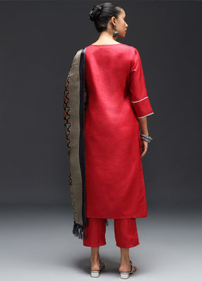 3 Pc Red Readymade Cotton Dupatta Suit Set