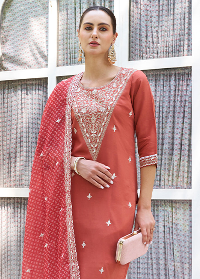 3 Pc Peach Readymade Silk Dupatta Suit Set