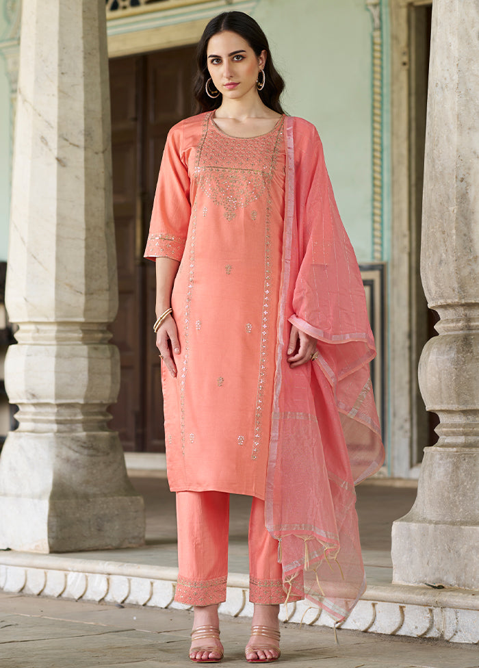 3 Pc Peach Readymade Viscose Dupatta Suit Set