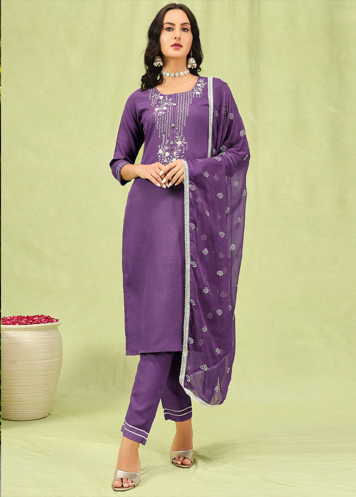 3 Pc Lavender Readymade Cotton Dupatta Suit Set