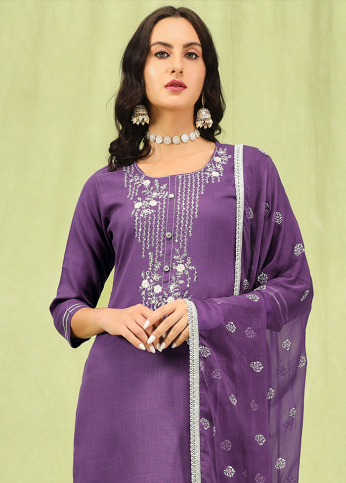 3 Pc Lavender Readymade Cotton Dupatta Suit Set