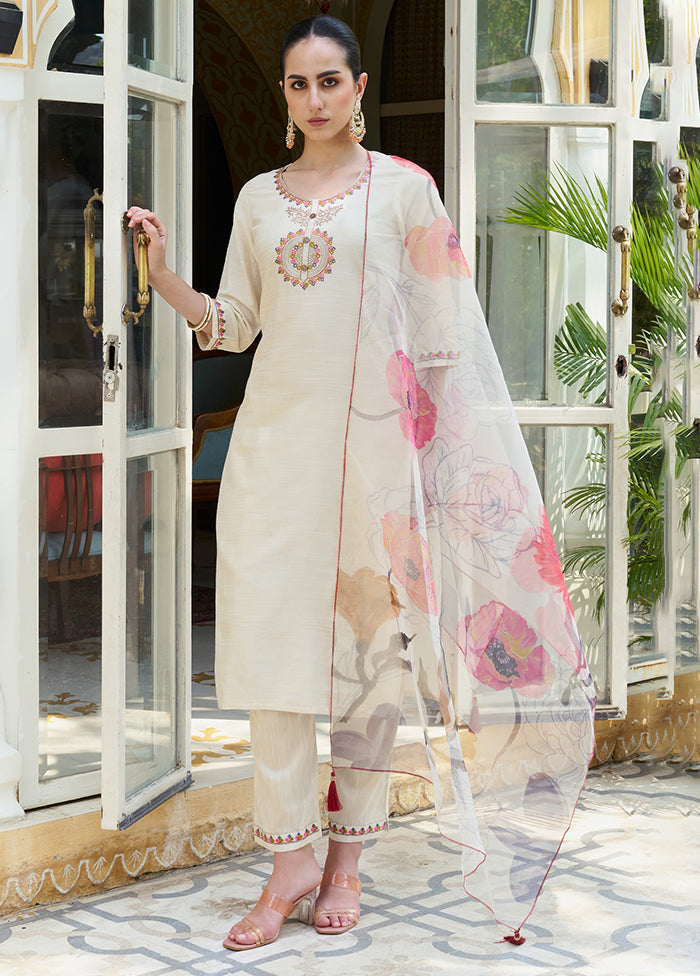 3 Pc White Readymade Cotton Dupatta Suit Set