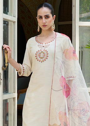 3 Pc White Readymade Cotton Dupatta Suit Set