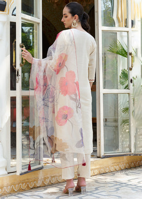 3 Pc White Readymade Cotton Dupatta Suit Set