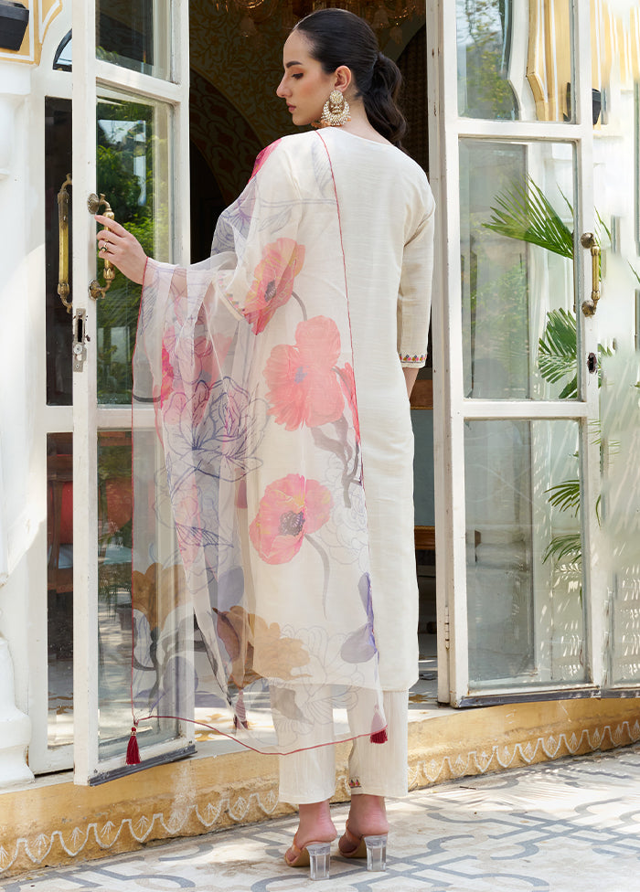 3 Pc White Readymade Cotton Dupatta Suit Set