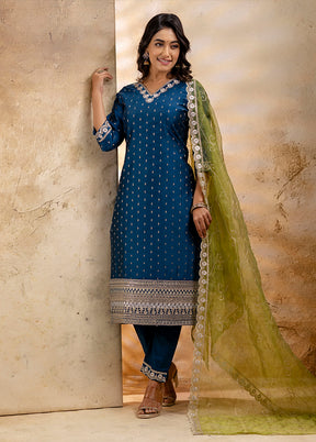 3 Pc Teal Readymade Chanderi Dupatta Suit Set