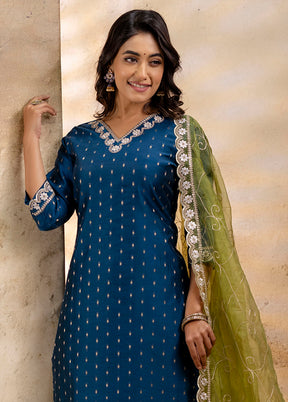 3 Pc Teal Readymade Chanderi Dupatta Suit Set