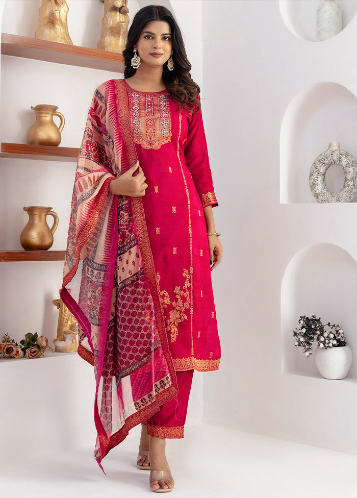 3 Pc Red Readymade Viscose Dupatta Suit Set