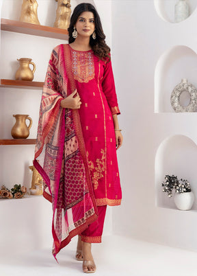 3 Pc Red Readymade Viscose Dupatta Suit Set