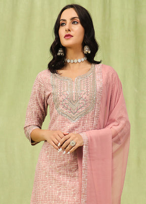 3 Pc Peach Readymade Chanderi Dupatta Suit Set