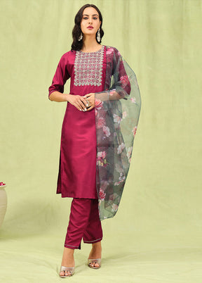 3 Pc Red Readymade Silk Dupatta Suit Set