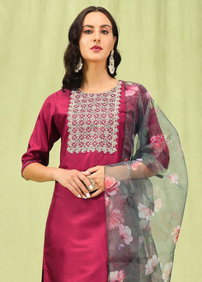 3 Pc Red Readymade Silk Dupatta Suit Set