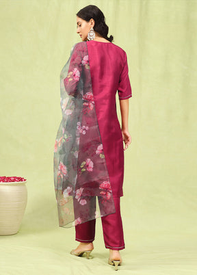 3 Pc Red Readymade Silk Dupatta Suit Set