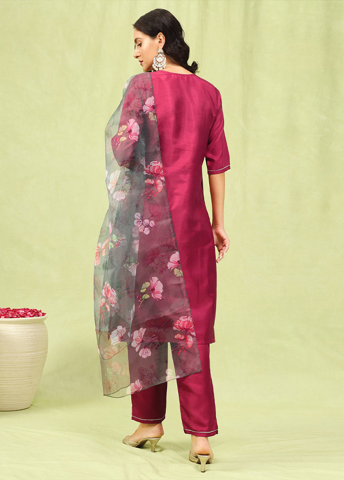 3 Pc Red Readymade Silk Dupatta Suit Set