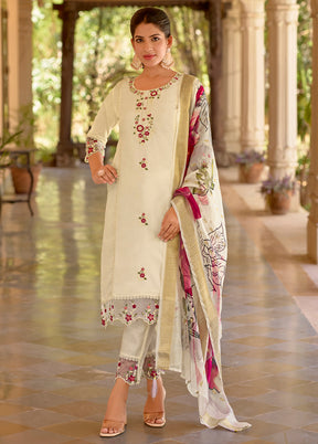 3 Pc White Readymade Viscose Dupatta Suit Set