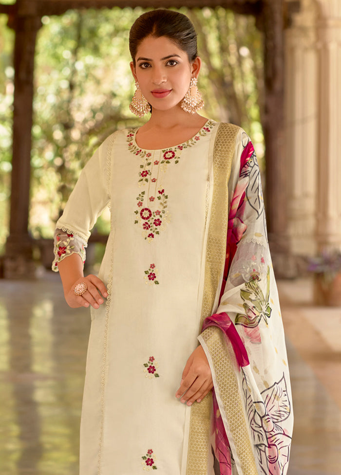 3 Pc White Readymade Viscose Dupatta Suit Set