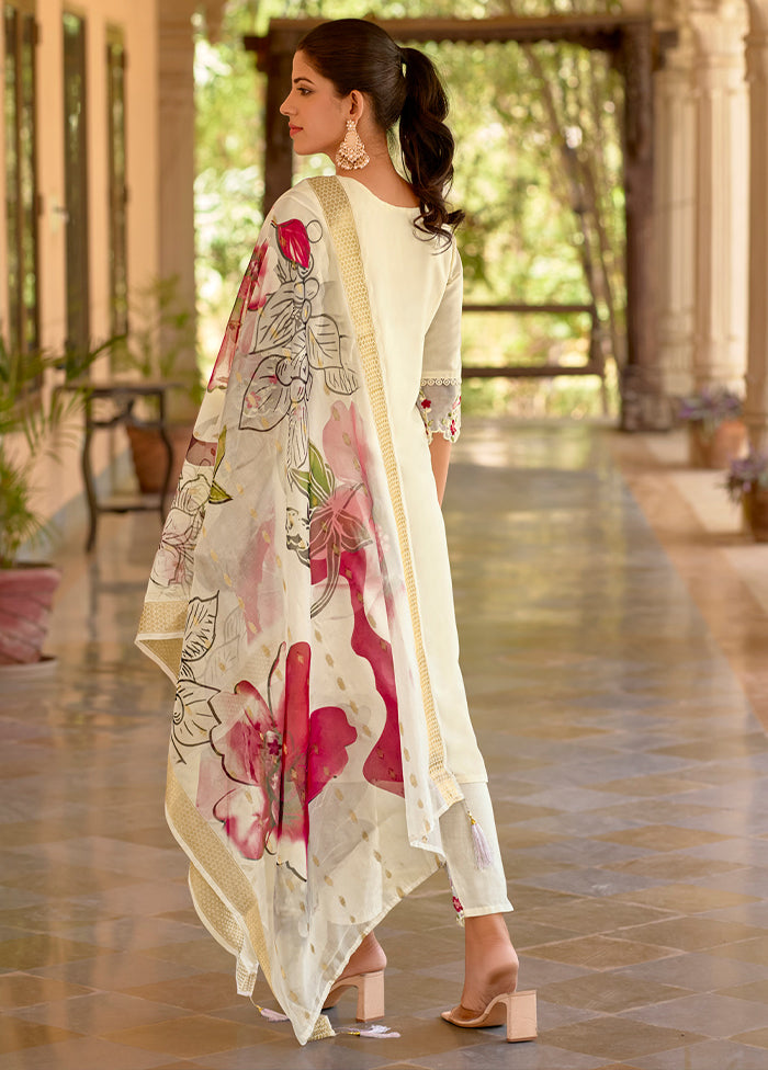 3 Pc White Readymade Viscose Dupatta Suit Set