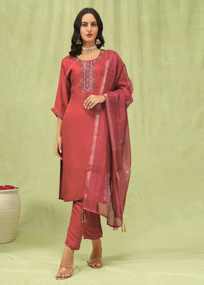 3 Pc Peach Readymade Viscose Dupatta Suit Set