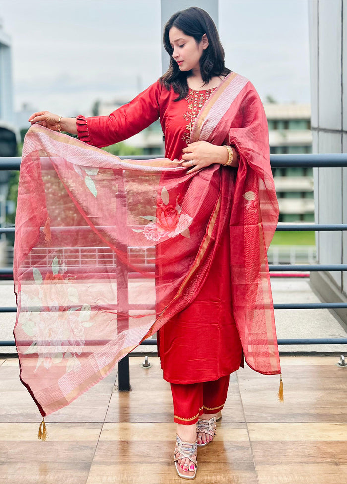 3 Pc Peach Readymade Viscose Dupatta Suit Set