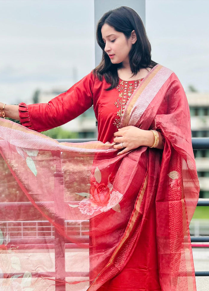 3 Pc Peach Readymade Viscose Dupatta Suit Set