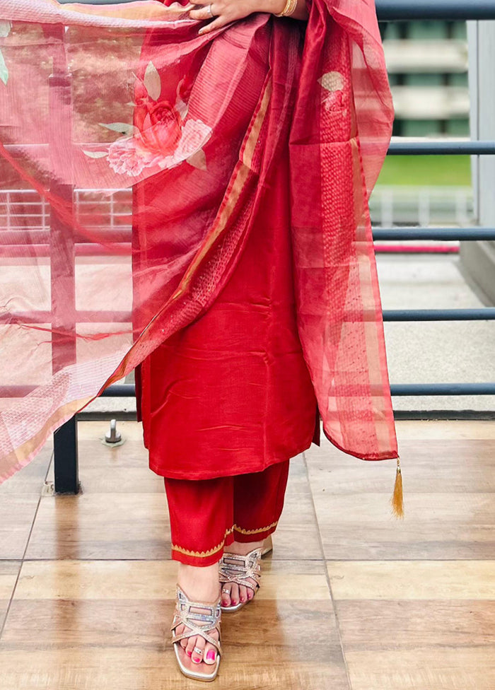 3 Pc Peach Readymade Viscose Dupatta Suit Set