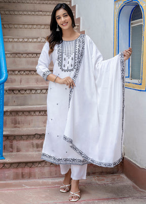 3 Pc White Readymade Viscose Dupatta Suit Set