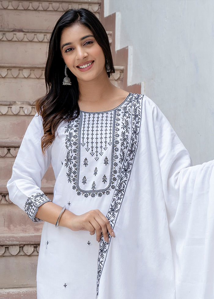 3 Pc White Readymade Viscose Dupatta Suit Set