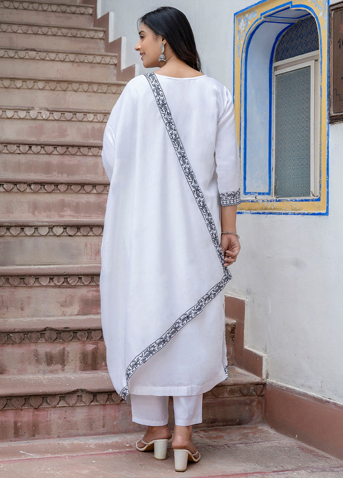 3 Pc White Readymade Viscose Dupatta Suit Set