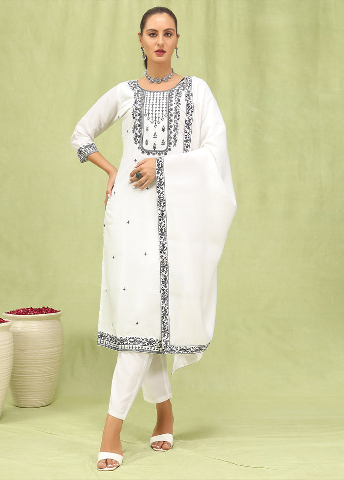 3 Pc White Readymade Viscose Dupatta Suit Set