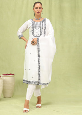 3 Pc White Readymade Viscose Dupatta Suit Set