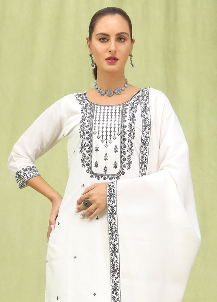 3 Pc White Readymade Viscose Dupatta Suit Set