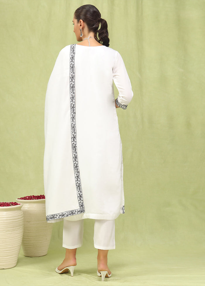 3 Pc White Readymade Viscose Dupatta Suit Set