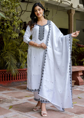 3 Pc White Readymade Viscose Dupatta Suit Set