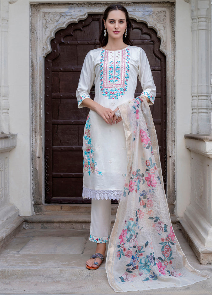 3 Pc White Readymade Viscose Dupatta Suit Set