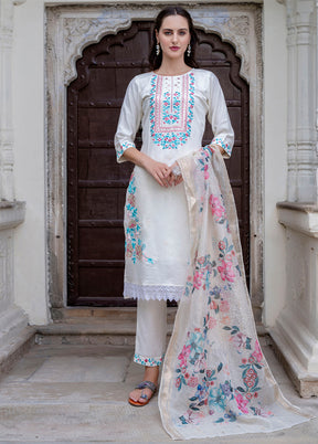 3 Pc White Readymade Viscose Dupatta Suit Set