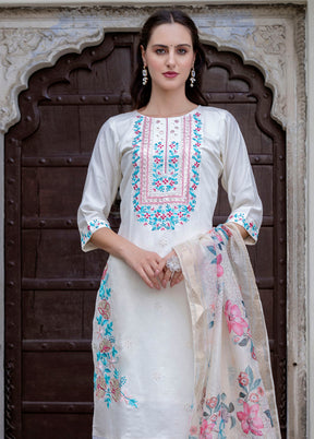 3 Pc White Readymade Viscose Dupatta Suit Set
