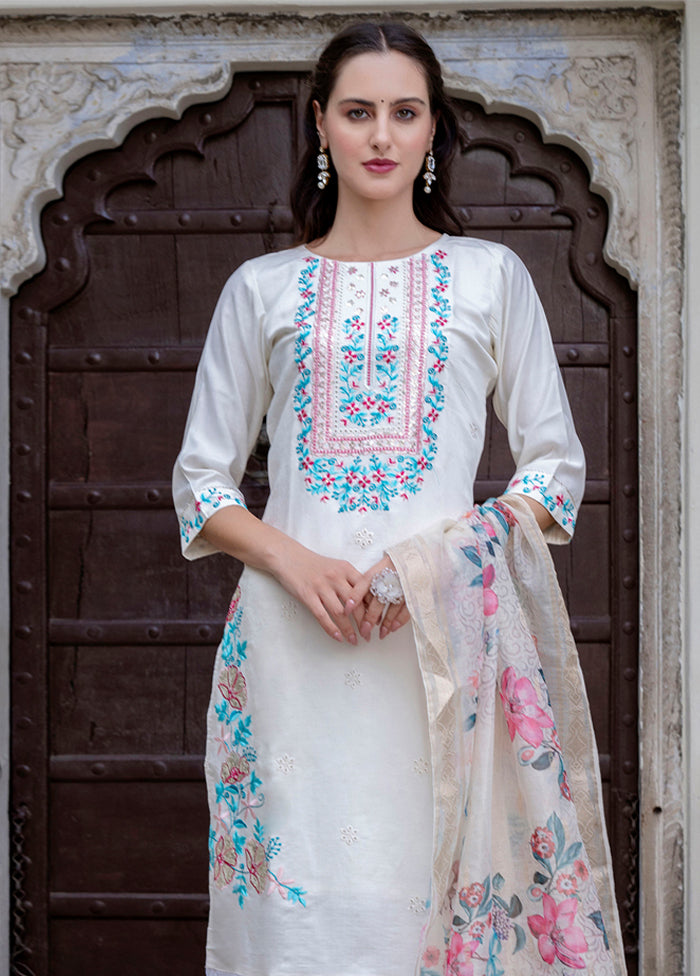 3 Pc White Readymade Viscose Dupatta Suit Set