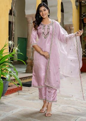 3 Pc Lavender Readymade Silk Dupatta Suit Set