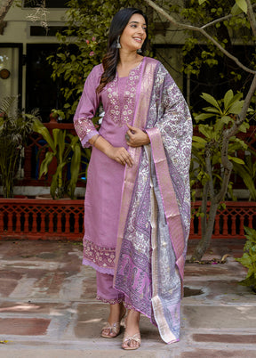 3 Pc Lavender Readymade Silk Dupatta Suit Set