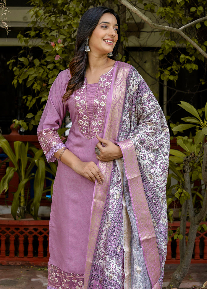3 Pc Lavender Readymade Silk Dupatta Suit Set