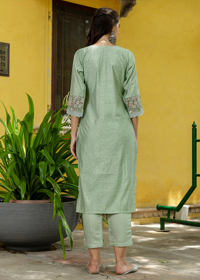 3 Pc Pista Green Readymade Silk Dupatta Suit Set