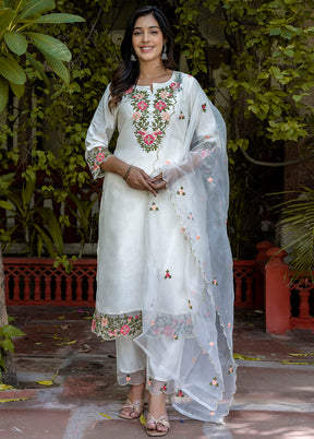 3 Pc White Readymade Silk Dupatta Suit Set